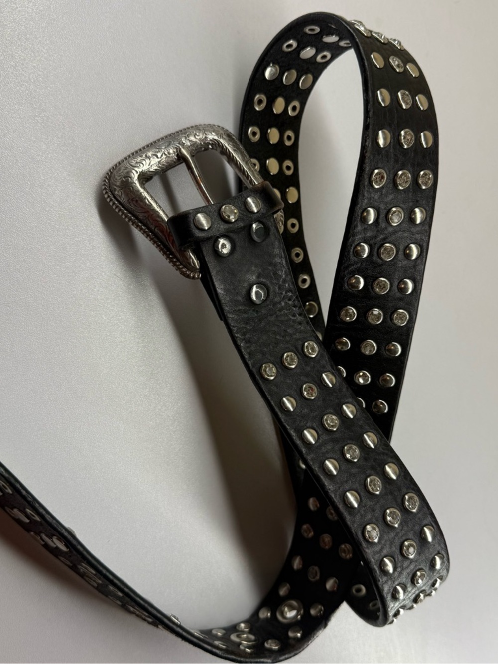 Studded Black Leather Belt with Silver Buckle vintage
